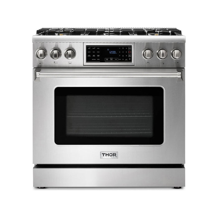 Thor Kitchen 36 In. Natural Gas Range, Range Hood, Refrigerator, Dishwasher, Wine Cooler Appliance Package