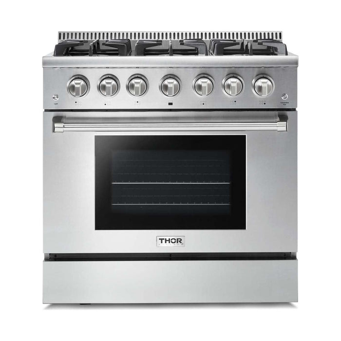 Thor Kitchen 36 In. Natural Gas Range, Range Hood, Refrigerator, Dishwasher, Wine Cooler Appliance Package