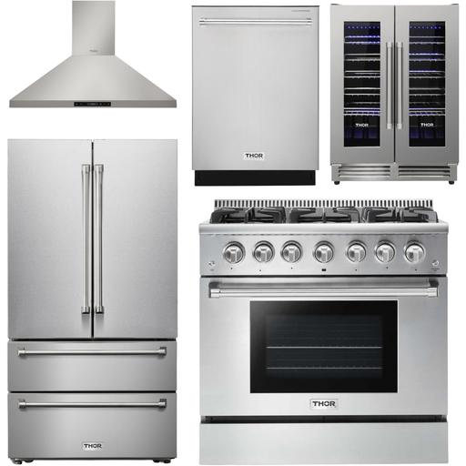 Thor Kitchen Kitchen Appliance Packages Thor Kitchen 36 In. Natural Gas Range, Range Hood, Refrigerator, Dishwasher, Wine Cooler Appliance Package
