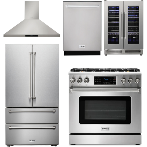 Thor Kitchen Kitchen Appliance Packages Thor Kitchen 36 In. Natural Gas Range, Range Hood, Refrigerator, Dishwasher, Wine Cooler Appliance Package