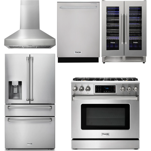 Thor Kitchen Kitchen Appliance Packages Thor Kitchen 36 In. Natural Gas Range, Range Hood, Refrigerator with Water and Ice Dispenser, Dishwasher, Wine Cooler Appliance Package