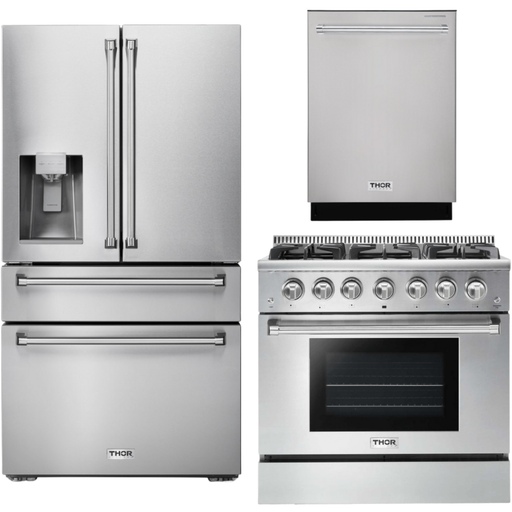 Thor Kitchen 36 In. Natural Gas Range, Refrigerator with Water and Ice Dispenser, Dishwasher Appliance Package