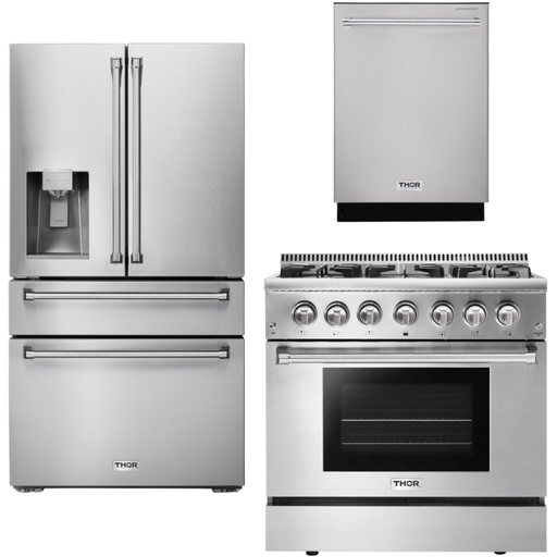 Thor Kitchen Kitchen Appliance Packages Thor Kitchen 36 In. Propane Gas Burner/Electric Oven Range, Dishwasher, Refrigerator with Water and Ice Dispenser Appliance Package