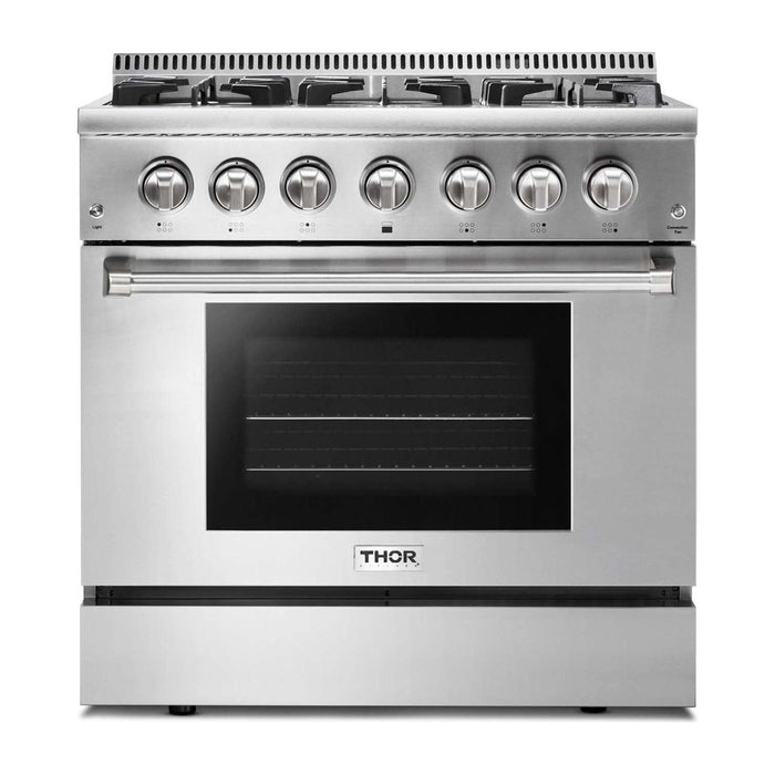 Thor Kitchen 36 In. Propane Gas Burner/Electric Oven Range, Range Hood, Dishwasher, Refrigerator with Water and Ice Dispenser Appliance Package