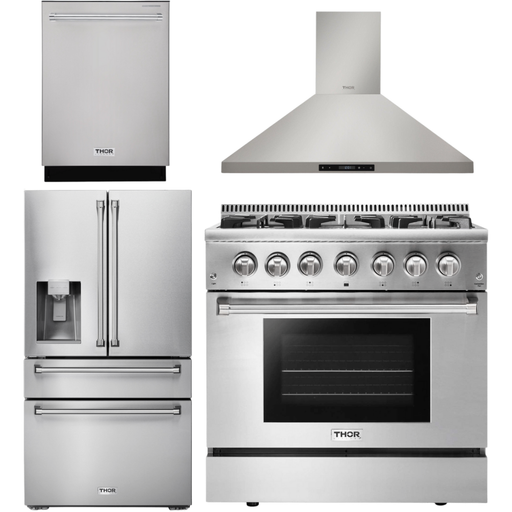 Thor Kitchen Kitchen Appliance Packages Thor Kitchen 36 In. Propane Gas Burner/Electric Oven Range, Range Hood, Dishwasher, Refrigerator with Water and Ice Dispenser Appliance Package