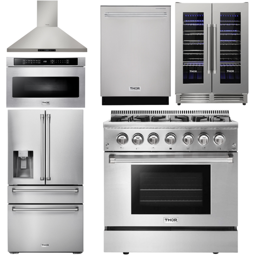 Thor Kitchen 36 in. Propane Gas Burner/Electric Oven Range, Range Hood, Microwave Drawer, Refrigerator with Water and Ice Dispenser, Dishwasher, Wine Cooler Appliance Package