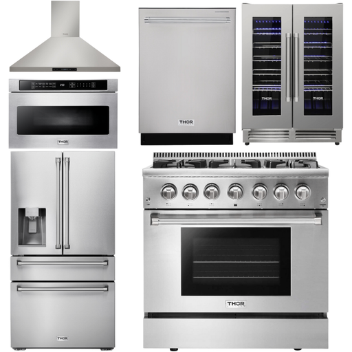 Thor Kitchen Kitchen Appliance Packages Thor Kitchen 36 in. Propane Gas Burner/Electric Oven Range, Range Hood, Microwave Drawer, Refrigerator with Water and Ice Dispenser, Dishwasher, Wine Cooler Appliance Package