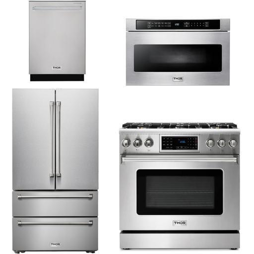 Thor Kitchen 36 In. Propane Gas Range, Microwave Drawer, Refrigerator, Dishwasher Appliance Package