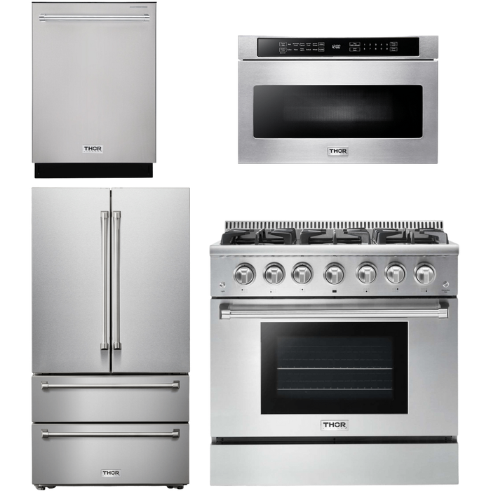 Thor Kitchen 36 In. Propane Gas Range, Microwave Drawer, Refrigerator, Dishwasher Appliance Package