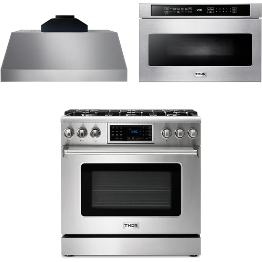 Thor Kitchen 36 In. Propane Gas Range, Range Hood, Microwave Drawer Appliance Package