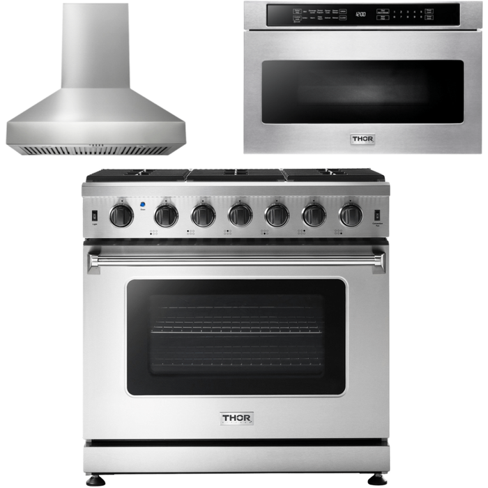 Thor Kitchen 36 In. Propane Gas Range, Range Hood, Microwave Drawer Appliance Package