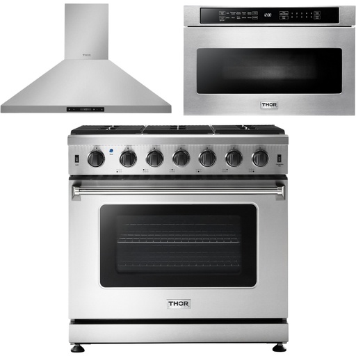 Thor Kitchen 36 in. Propane Gas Range, Range Hood, Microwave Drawer Appliance Package