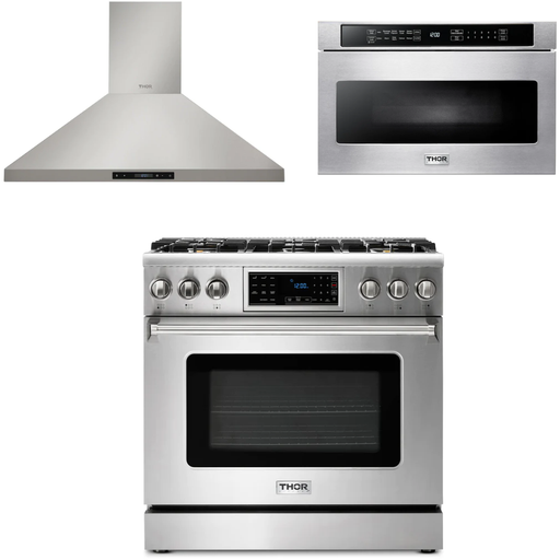 Thor Kitchen Kitchen Appliance Packages Thor Kitchen 36 In. Propane Gas Range, Range Hood, Microwave Drawer Appliance Package