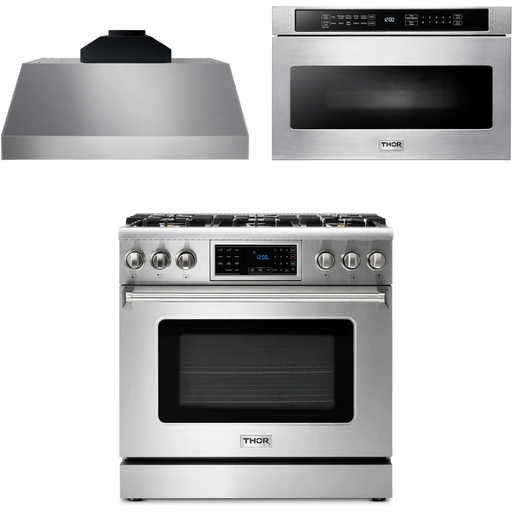 Thor Kitchen Kitchen Appliance Packages Thor Kitchen 36 In. Propane Gas Range, Range Hood, Microwave Drawer Appliance Package