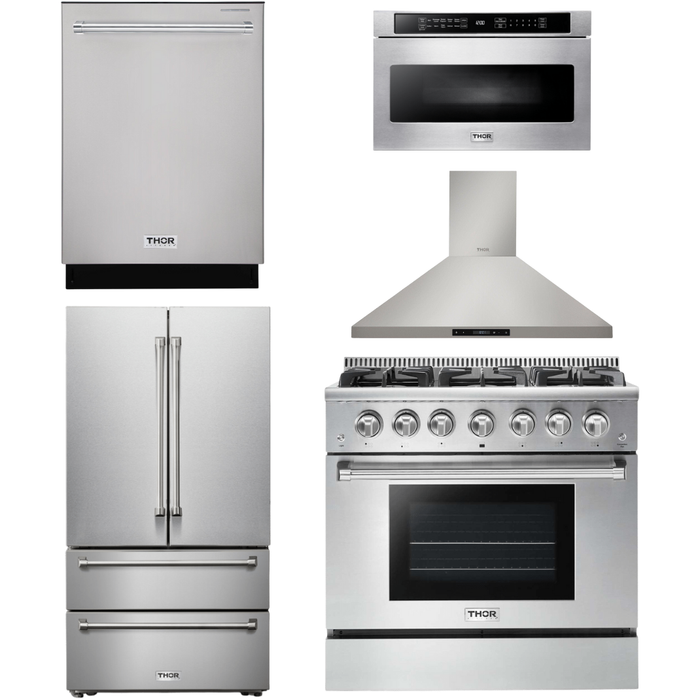 Thor Kitchen Kitchen Appliance Packages Thor Kitchen 36 In. Propane Gas Range, Range Hood, Microwave Drawer, Refrigerator, Dishwasher Appliance Package