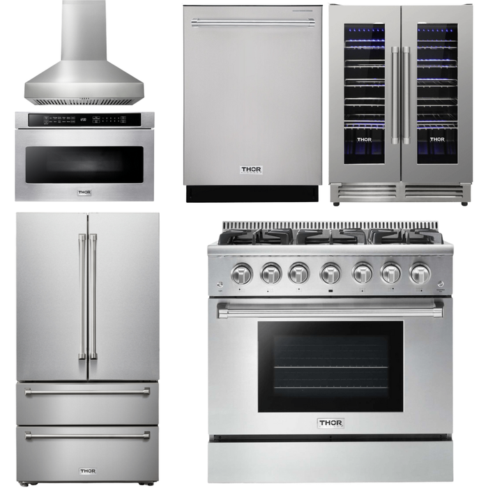 Thor Kitchen Kitchen Appliance Packages Thor Kitchen 36 In. Propane Gas Range, Range Hood, Microwave Drawer, Refrigerator, Dishwasher, Wine Cooler Appliance Package