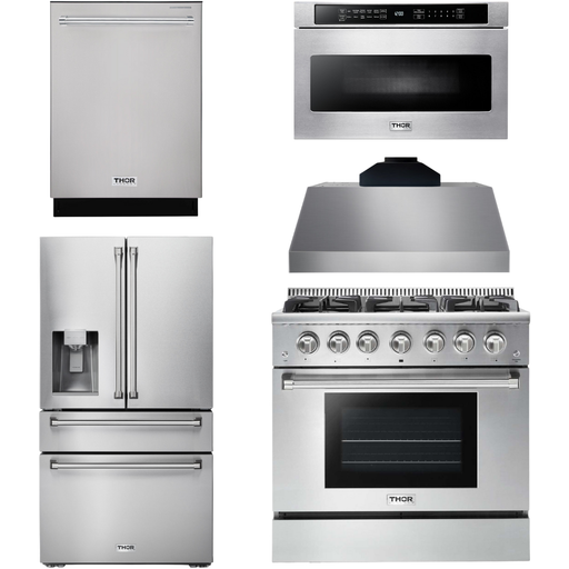 Thor Kitchen 36 In. Propane Gas Range, Range Hood, Microwave Drawer, Refrigerator with Water and Ice Dispenser, Dishwasher Appliance Package