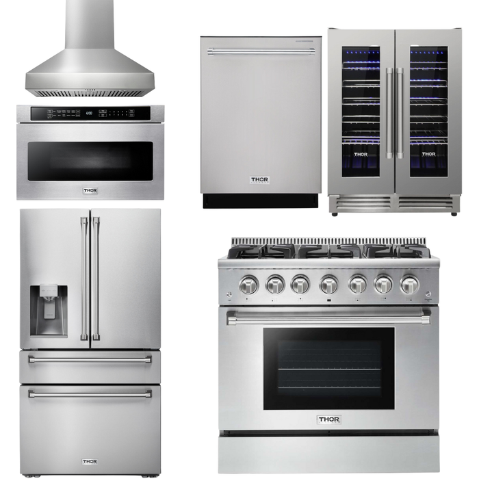 Thor Kitchen 36 In. Propane Gas Range, Range Hood, Microwave Drawer, Refrigerator with Water and Ice Dispenser, Dishwasher, Wine Cooler Appliance Package