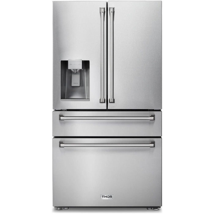 Thor Kitchen 36 In. Propane Gas Range, Range Hood, Microwave Drawer, Refrigerator with Water and Ice Dispenser, Dishwasher, Wine Cooler Appliance Package