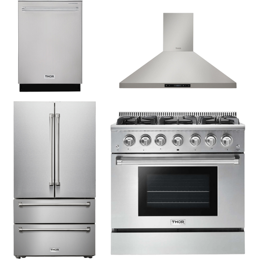 Thor Kitchen 36 In. Propane Gas Range, Range Hood, Refrigerator, Dishwasher Appliance Package