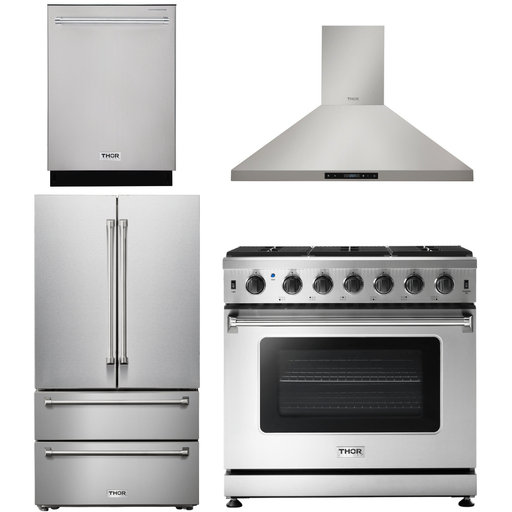 Thor Kitchen 36 In. Propane Gas Range, Range Hood, Refrigerator, Dishwasher Appliance Package