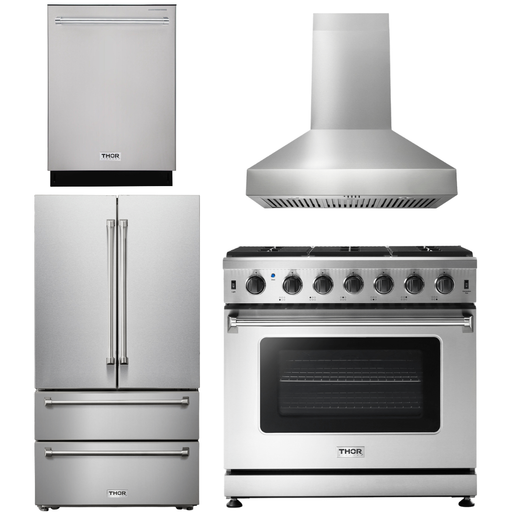 Thor Kitchen Kitchen Appliance Packages Thor Kitchen 36 In. Propane Gas Range, Range Hood, Refrigerator, Dishwasher Appliance Package