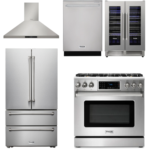 Thor Kitchen 36 In. Propane Gas Range, Range Hood, Refrigerator, Dishwasher, Wine Cooler Appliance Package