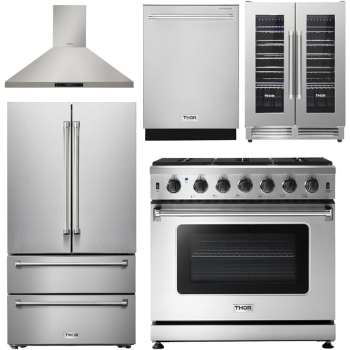 Thor Kitchen 36 In. Propane Gas Range, Range Hood, Refrigerator, Dishwasher, Wine Cooler Appliance Package