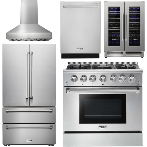 Thor Kitchen Kitchen Appliance Packages Thor Kitchen 36 In. Propane Gas Range, Range Hood, Refrigerator, Dishwasher, Wine Cooler Appliance Package