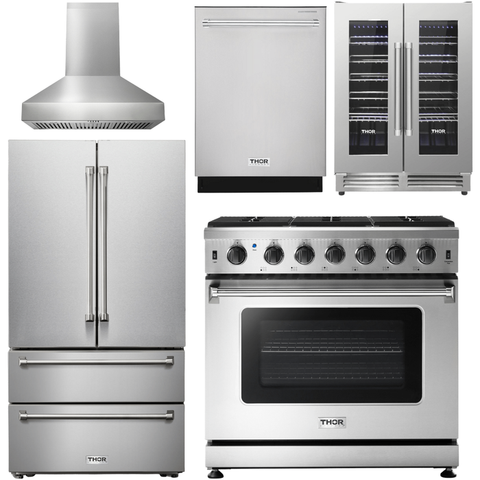 Thor Kitchen Kitchen Appliance Packages Thor Kitchen 36 In. Propane Gas Range, Range Hood, Refrigerator, Dishwasher, Wine Cooler Appliance Package
