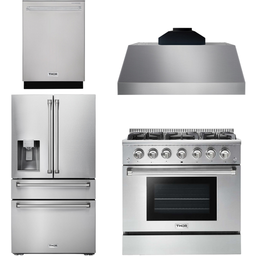 Thor Kitchen 36 In. Propane Gas Range, Range Hood, Refrigerator with Water and Ice Dispenser, Dishwasher Appliance Package