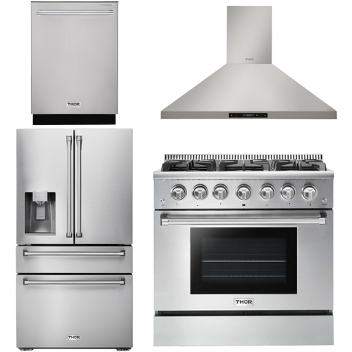 Thor Kitchen Kitchen Appliance Packages Thor Kitchen 36 In. Propane Gas Range, Range Hood, Refrigerator with Water and Ice Dispenser, Dishwasher Appliance Package