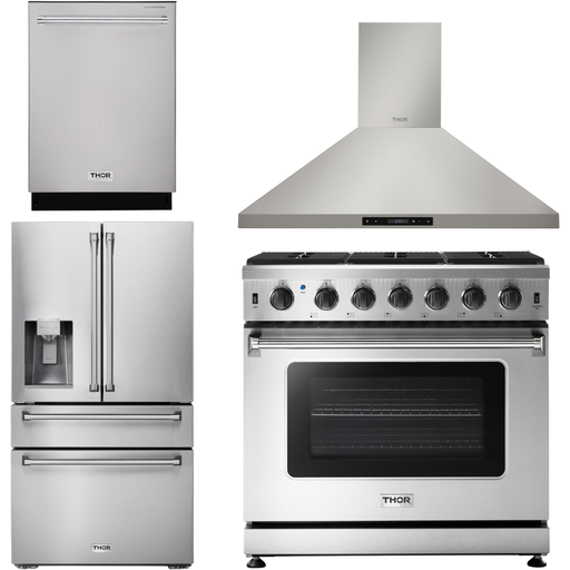 Thor Kitchen Kitchen Appliance Packages Thor Kitchen 36 in. Propane Gas Range, Range Hood, Refrigerator with Water and Ice Dispenser, Dishwasher Appliance Package