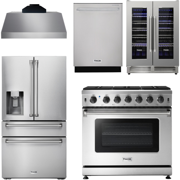 Thor Kitchen 36 In. Propane Gas Range, Range Hood, Refrigerator with Water and Ice Dispenser, Dishwasher, Wine Cooler Appliance Package