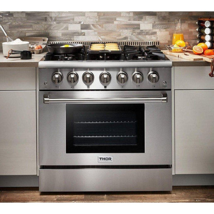 Thor Kitchen 36 in. Propane Gas Range, Range Hood, Refrigerator with Water and Ice Dispenser, Dishwasher, Wine Cooler Appliance Package