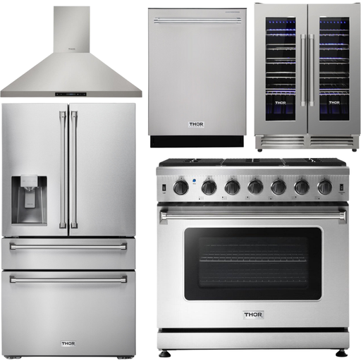 Thor Kitchen 36 in. Propane Gas Range, Range Hood, Refrigerator with Water and Ice Dispenser, Dishwasher, Wine Cooler Appliance Package