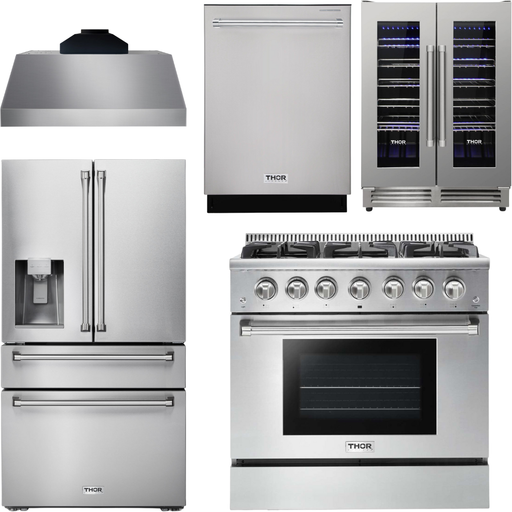 Thor Kitchen Kitchen Appliance Packages Thor Kitchen 36 In. Propane Gas Range, Range Hood, Refrigerator with Water and Ice Dispenser, Dishwasher, Wine Cooler Appliance Package
