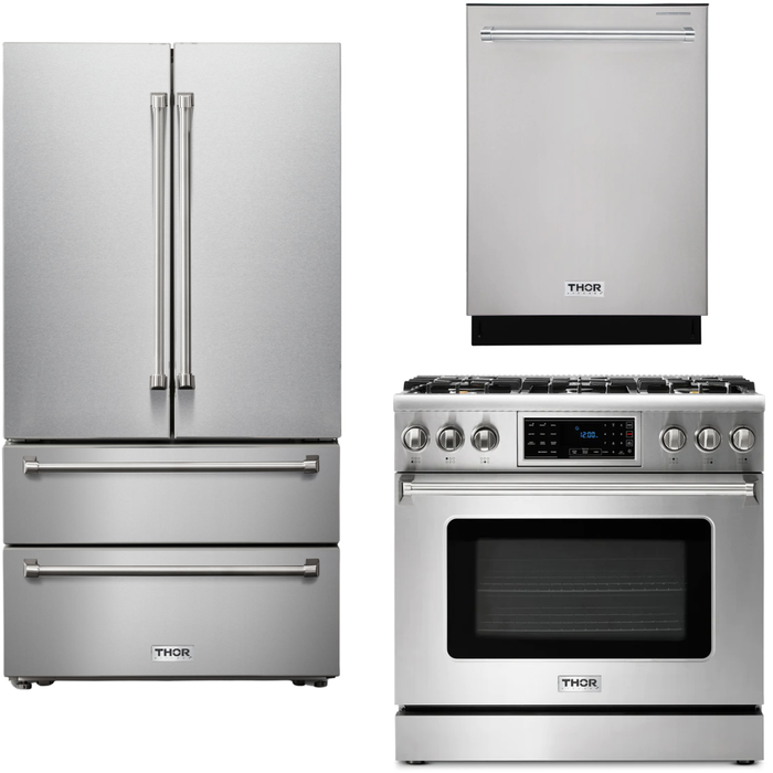 Thor Kitchen 36 In. Propane Gas Range, Refrigerator, Dishwasher Appliance Package