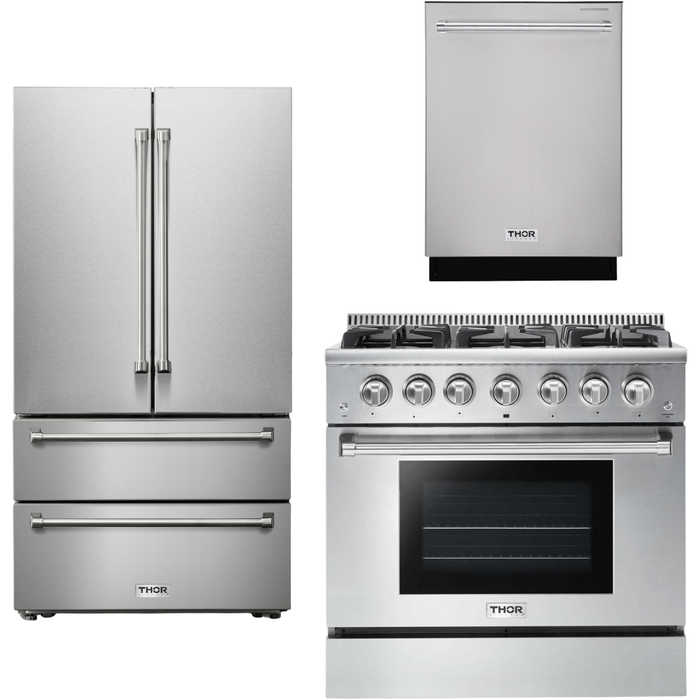 Thor Kitchen 36 In. Propane Gas Range, Refrigerator, Dishwasher  Appliance Package