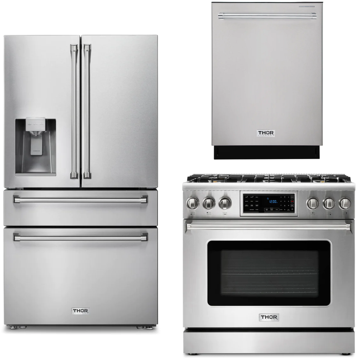 Thor Kitchen 36 In. Propane Gas Range, Refrigerator with Water and Ice Dispenser, Dishwasher Appliance Package