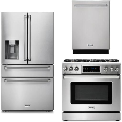 Thor Kitchen Kitchen Appliance Packages Thor Kitchen 36 In. Propane Gas Range, Refrigerator with Water and Ice Dispenser, Dishwasher Appliance Package