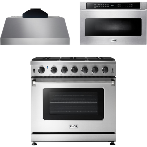 Thor Kitchen 36 Inch Gas Range, Range Hood, Microwave Drawer Appliance Package