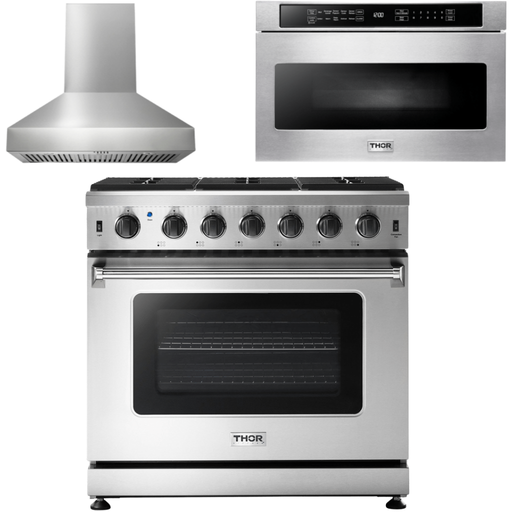 Thor Kitchen Kitchen Appliance Packages Thor Kitchen 36 Inch Gas Range, Range Hood, Microwave Drawer Appliance Package