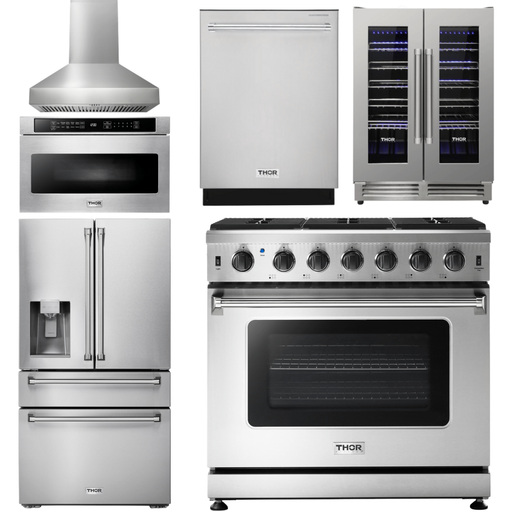 Thor Kitchen Kitchen Appliance Packages Thor Kitchen 36 Inch Gas Range, Range Hood, Microwave Drawer, Refrigerator with Fridge and Ice Maker, Dishwasher, Wine Cooler Appliance Package