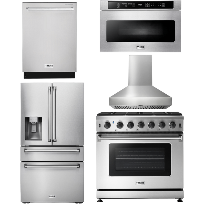 Thor Kitchen 36 Inch Gas Range, Range Hood, Microwave Drawer, Refrigerator with Water and Ice Dispenser, Dishwasher Appliance Package