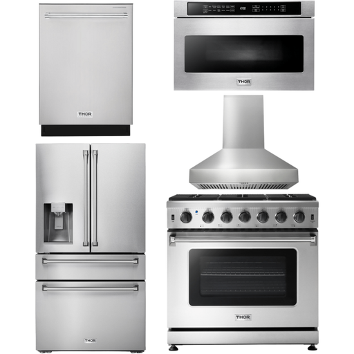 Thor Kitchen Kitchen Appliance Packages Thor Kitchen 36 Inch Gas Range, Range Hood, Microwave Drawer, Refrigerator with Water and Ice Dispenser, Dishwasher Appliance Package