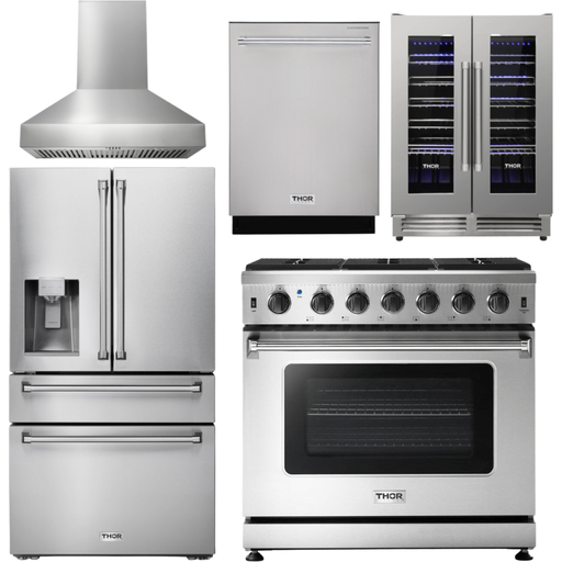 Thor Kitchen Kitchen Appliance Packages Thor Kitchen 36 Inch Propane Gas Range, Range Hood, Refrigerator with Water and Ice Dispenser, Dishwasher, Wine Cooler Appliance Package