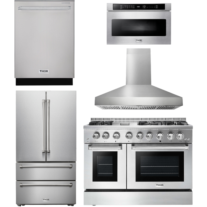 Thor Kitchen 48 In. Dual Fuel Range, Range Hood, Refrigerator, Dishwasher, Microwave Drawer Appliance Package