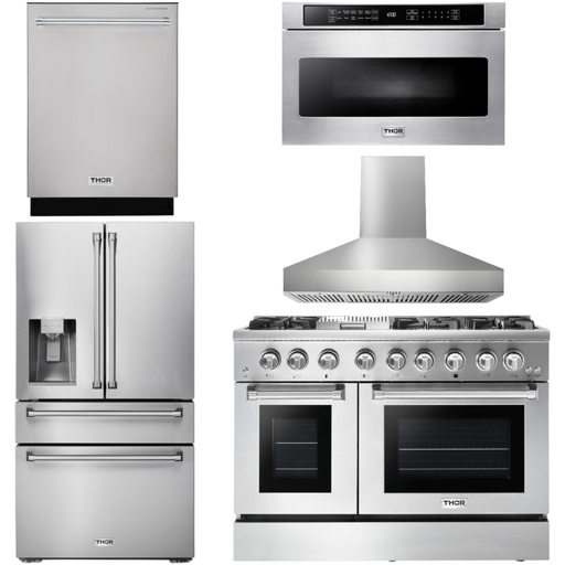 Thor Kitchen Kitchen Appliance Packages Thor Kitchen 48 In. Dual Fuel Range, Range Hood, Refrigerator with Water and Ice Dispenser, Dishwasher, Microwave Drawer Appliance Package