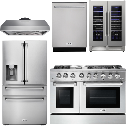 Thor Kitchen 48 In. Dual Fuel Range, Range Hood, Refrigerator with Water and Ice Dispenser, Dishwasher, Wine Cooler Appliance Package